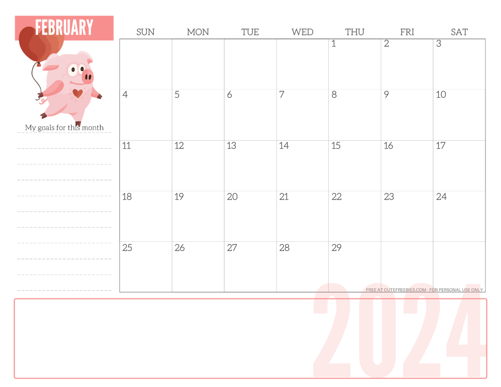 FEBRUARY 2024 CUTE monthly planner - free printable 2024 monthly calendar pink pig #printablesandinspirations #freeprintable SEE PREVIOUS POST TO DOWNLOAD THE COMPLETE 2024 CALENDAR