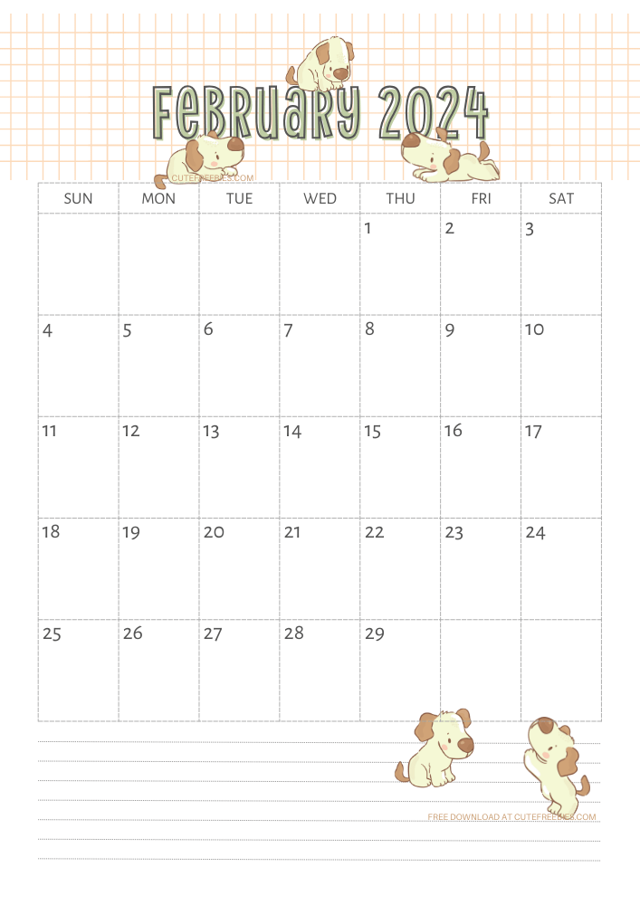 February 2024 calendar for kids cute dogs free printable #cutefreebiesforyou SEE PREVIOUS POST TO DOWNLOAD THE COMPLETE 2024 CALENDAR