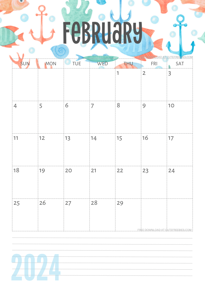 February 2024 Under the Sea themed calendar free printable - SEE PREVIOUS POST TO DOWNLOAD THE COMPLETE 2024 CALENDAR