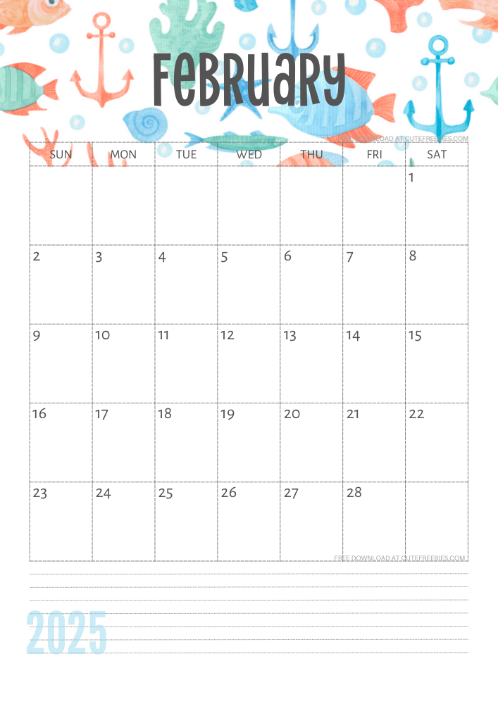 February 2025 Under the Sea themed calendar free printable - SEE PREVIOUS POST TO DOWNLOAD THE COMPLETE 2025 CALENDAR