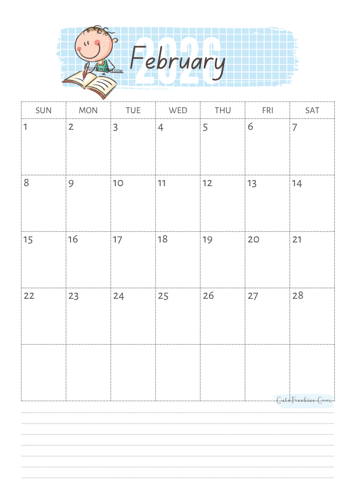 February 2026 cute calendar for kids - free printable monthly planner #cutefreebiesforyou - SEE PREVIOUS POST TO DOWNLOAD THE COMPLETE 2026 CALENDAR