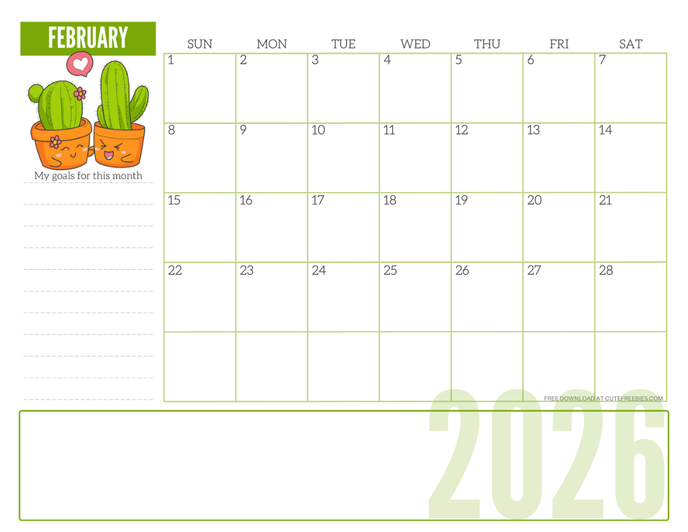 February 2026 cute monthly planner with plant - free printable 2025 cute calendar for plant lovers #freeprintable #cutefreebiesforyou SEE PREVIOUS POST TO DOWNLOAD THE COMPLETE 2026 CALENDAR #2026