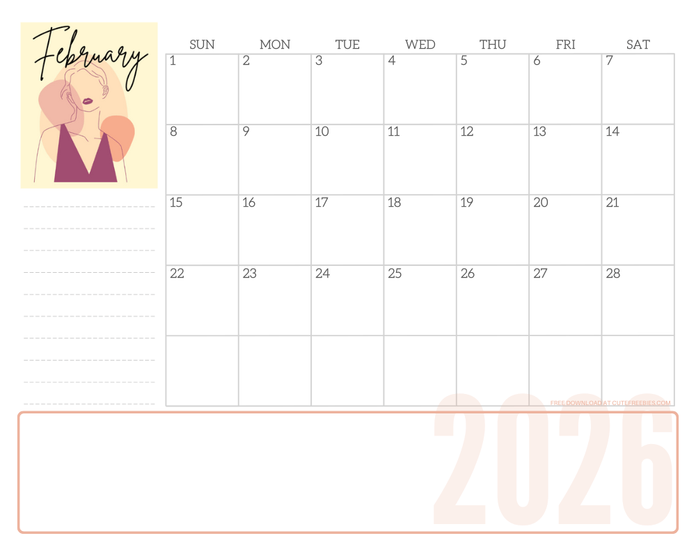 February 2026 line art calendar for women - free printable monthly planner - CLICK PREVIOUS POST TO DOWNLOAD THE COMPLETE 2026 CALENDAR