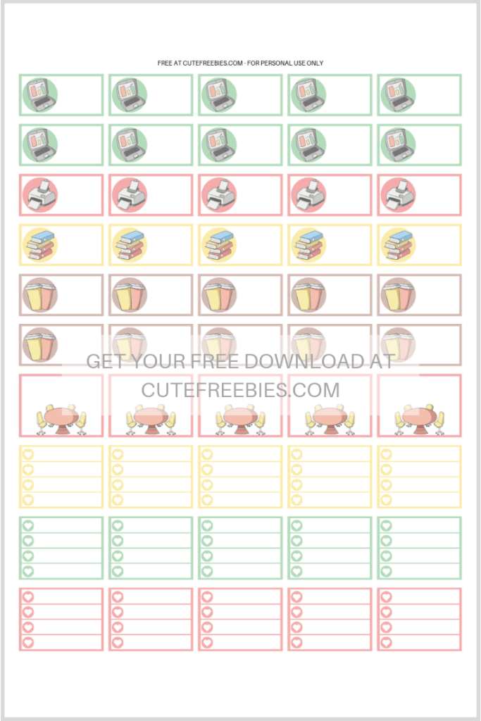 Free Printable Work Or School Planner Stickers. Cute printable planner stickers pdf with laptop, desktop, coffee stickers and more. Get your free download now! #cutefreebiesforyou #freeprintable #plannerstickers #printablestickers #bulletjournal #backtoschool