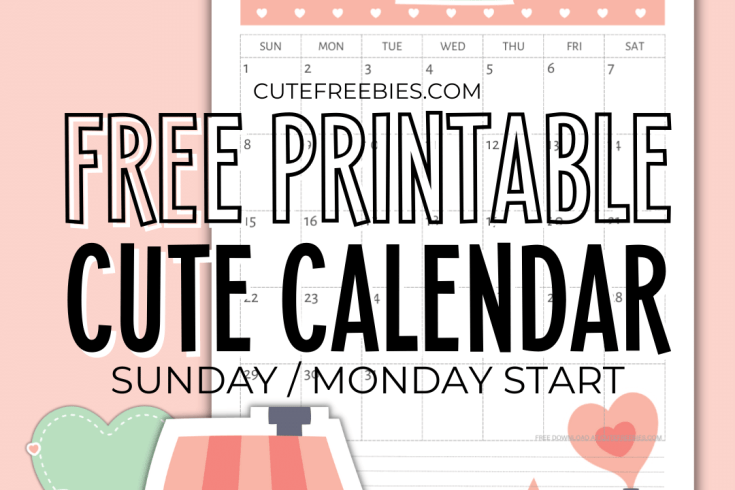Free Printable Cute 2026 Calendar - cute monthly calendar planner, downloadable PDF, Sunday or Monday start 2026 calendar. #cutefreebiesforyou #freeprintable