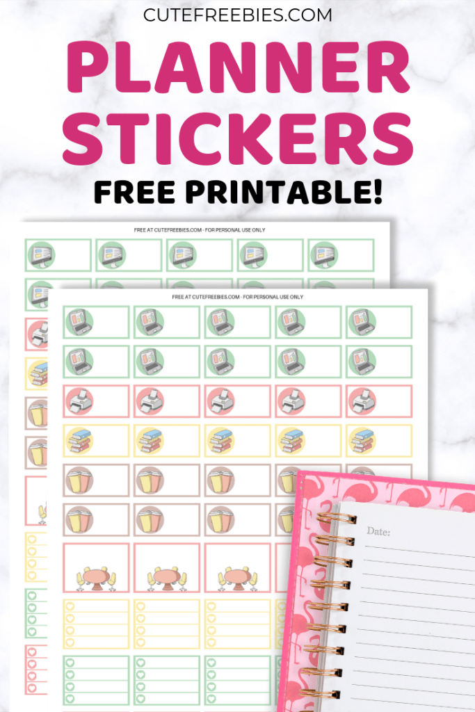 Free Printable Work Or School Planner Stickers. Cute printable planner stickers pdf with laptop, desktop, coffee stickers and more. Get your free download now! #cutefreebiesforyou #freeprintable #plannerstickers #printablestickers #bulletjournal #backtoschool