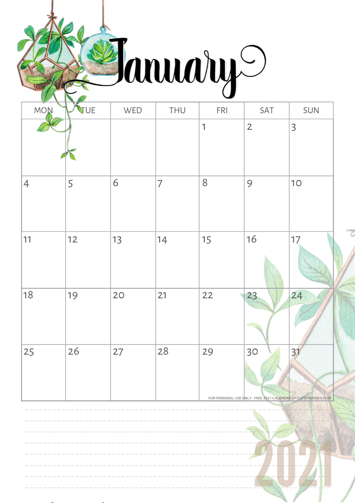 Free printable January 2021 calendar with plants - CLICK PREVIOUS POST to download the PDF