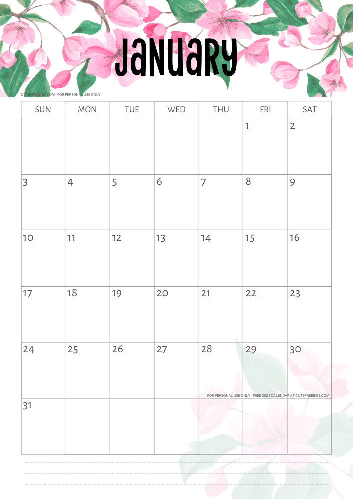January 2021 free printable calendar with pink cherry blossoms #cutefreebiesforyou - SEE PREVIOUS POST TO DOWNLOAD THE FREE PDF FILE
