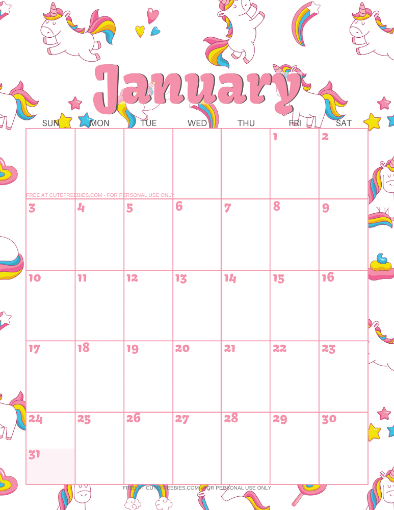 January 2021 calendar with unicorns #unicorn #freeprintable #cutefreebiesforyou