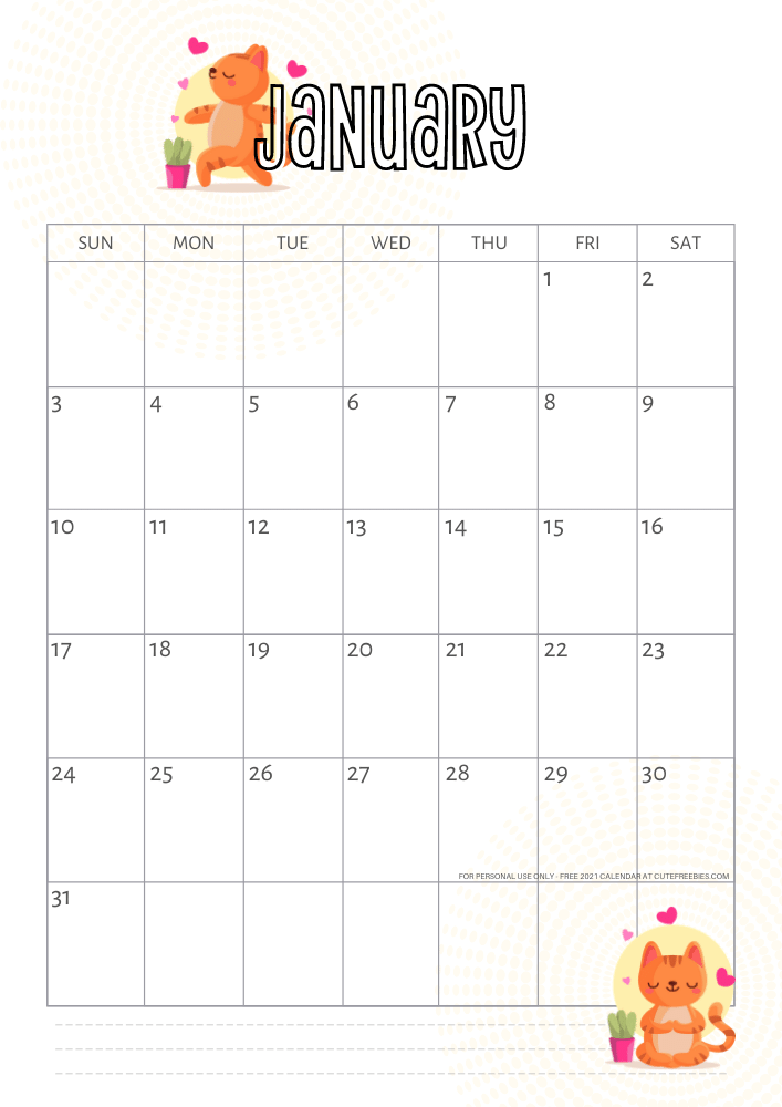 January 2021 calendar yoga cat free printable #cutefreebiesforyou - SEE PREVIOUS POST TO DOWNLOAD THE FREE PDF FILE