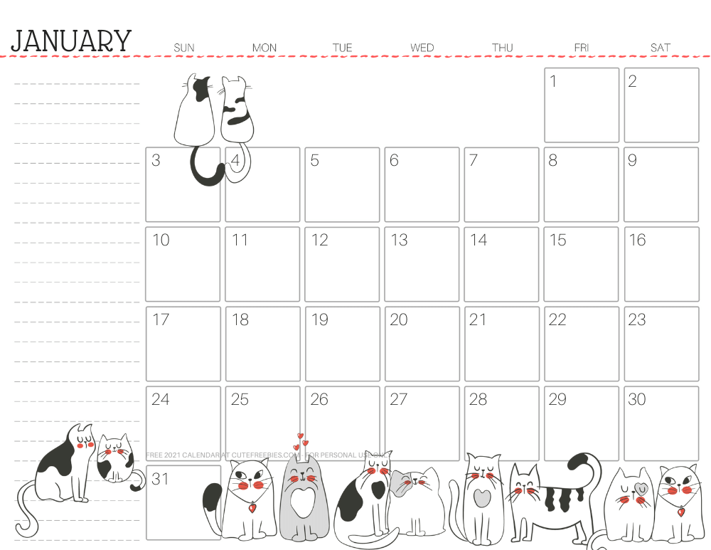 January 2021 monthly planner cat free printable #cutefreebiesforyou - SEE PREVIOUS POST TO DOWNLOAD THE FREE PDF FILE