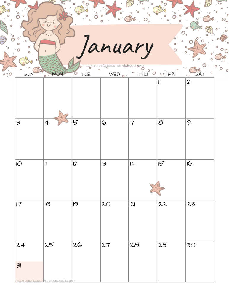 January 2021 calendar with cute mermaid #cutefreebiesforyou #mermaid #freeprintable