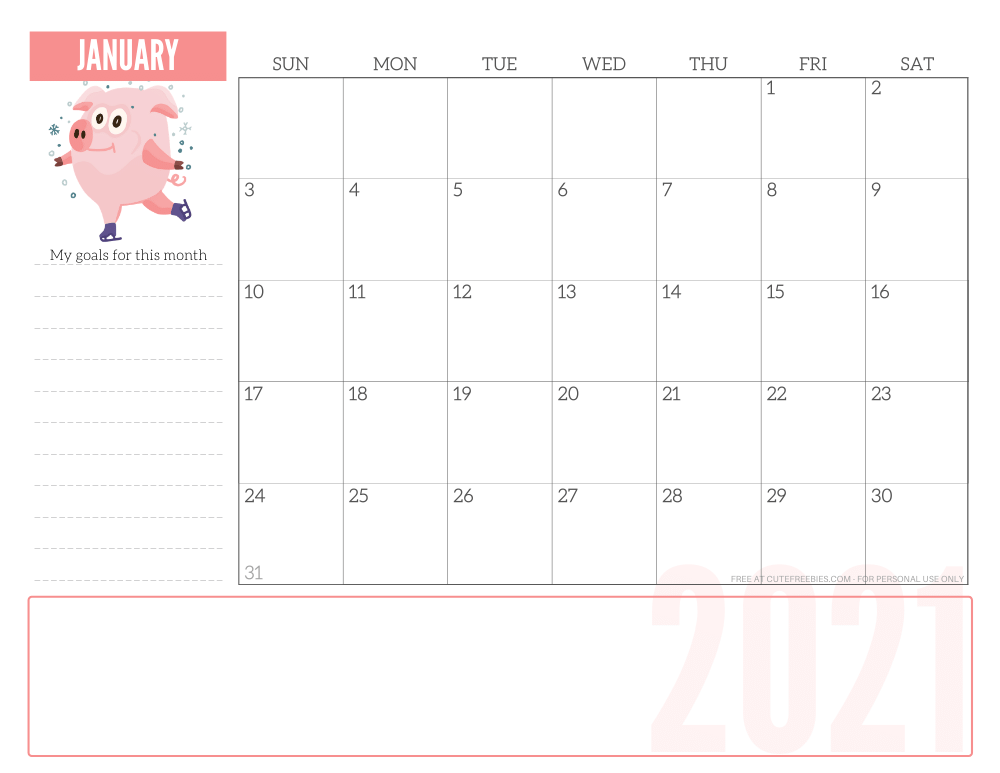 JANUARY 2021 CUTE monthly planner - free printable 2021 monthly calendar pink pig #printablesandinspirations #freeprintable SEE PREVIOUS POST TO DOWNLOAD THE PDF