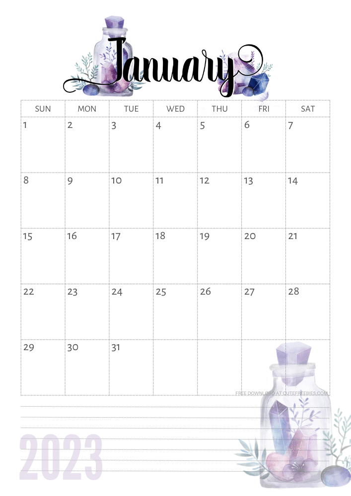 January 2023 calendar - free printable monthly calendar with purple crystals (SEE PREVIOUS POST TO DOWNLOAD THE COMPLETE 2023 CALENDAR)