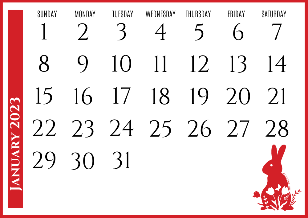 January 2023 Year of the rabbit calendar - Free printable Chinese New Year monthly calendar #cutefreebiesforyou - SEE PREVIOUS POST TO DOWNLOAD THE COMPLETE 2023 CALENDAR