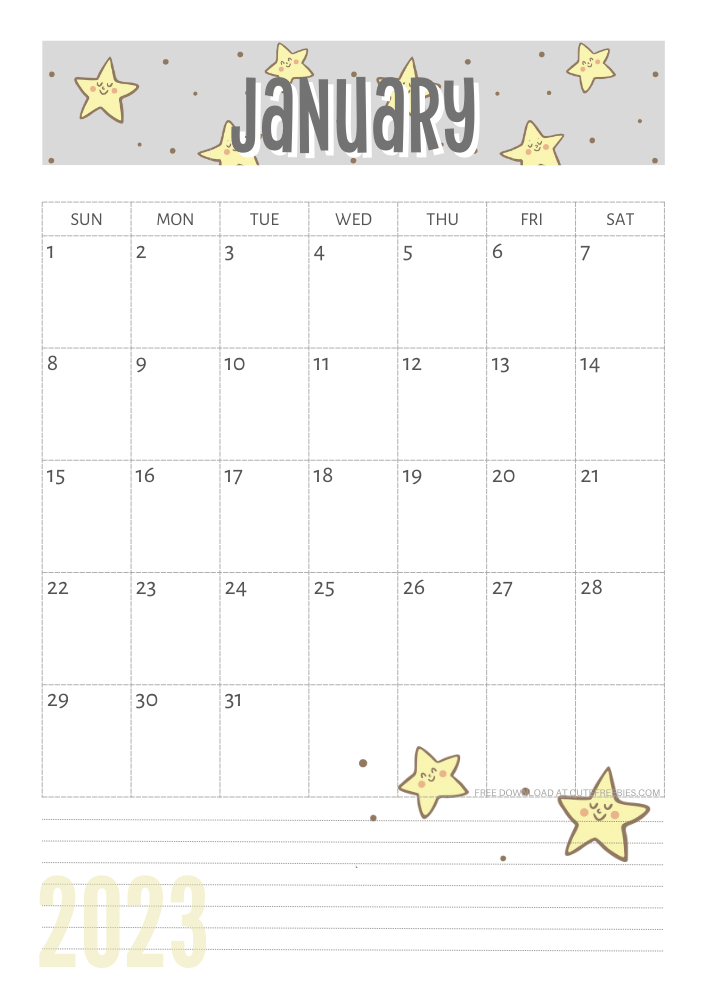 January 2023 Yellow stars calendar free printable - SEE PREVIOUS POST TO DOWNLOAD THE COMPLETE 2023 CALENDAR