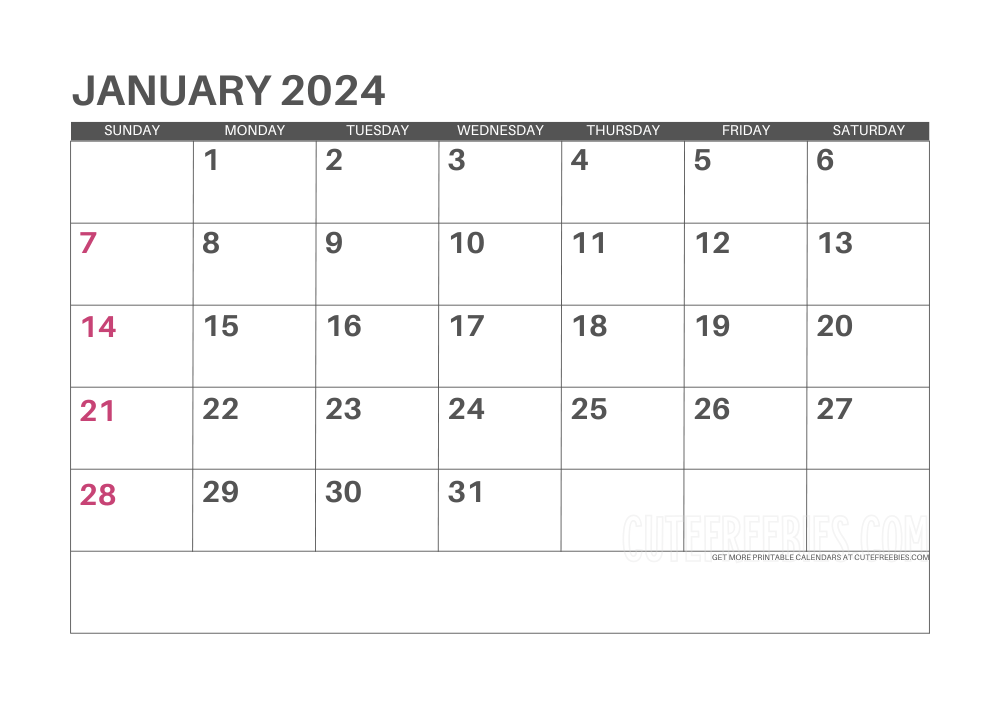 January 2024 calendar - free printable monthly planner #cutefreebiesforyou - SEE PREVIOUS POST TO DOWNLOAD THE COMPLETE 2024 CALENDAR
