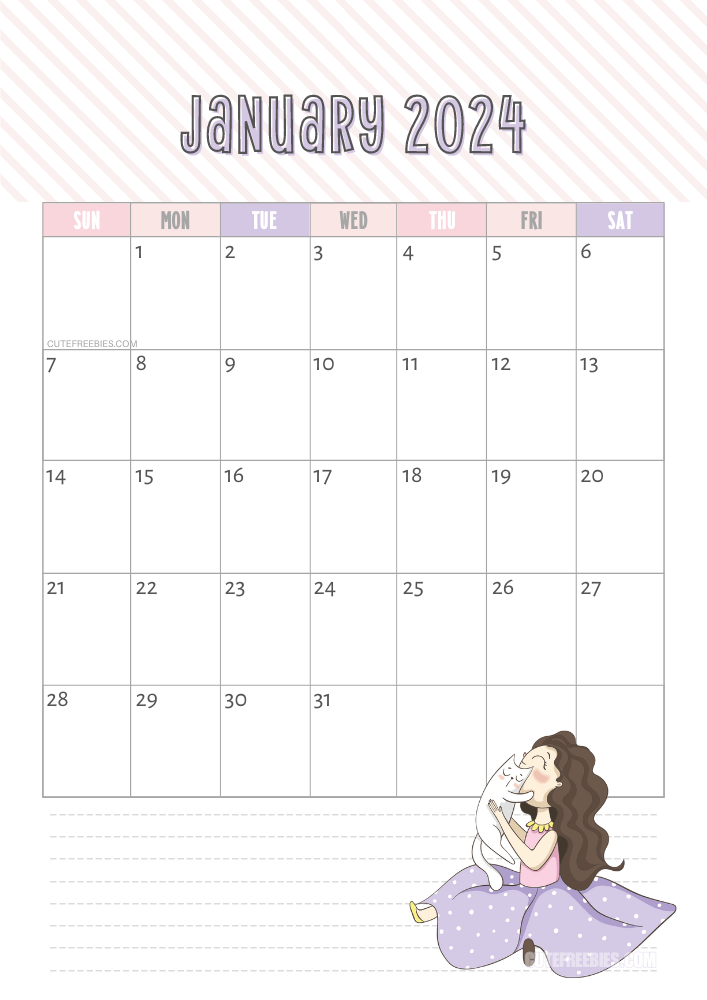January 2024 cute cat calendar free printable #cutefreebiesforyou - SEE PREVIOUS POST TO DOWNLOAD THE COMPLETE 2024 CALENDAR
