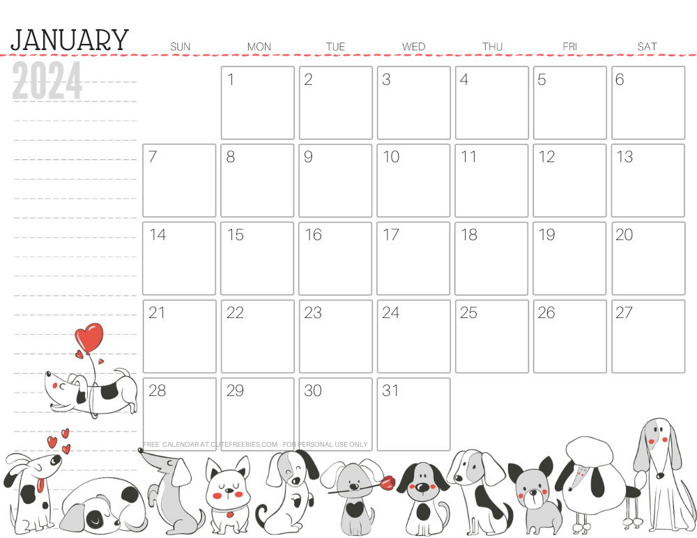 January 2024 calendar cute dog free printable #cutefreebiesforyou SEE PREVIOUS POST TO DOWNLOAD THE COMPLETE 2024 CALENDAR