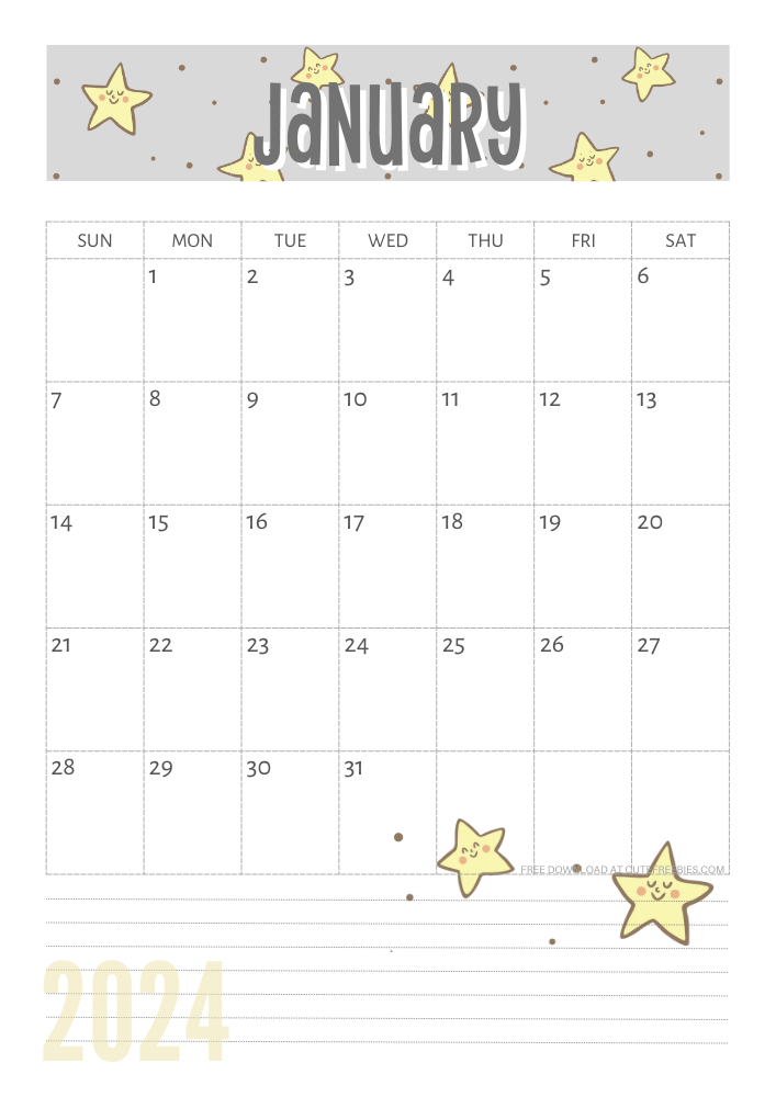 January 2024 Yellow stars calendar free printable - SEE PREVIOUS POST TO DOWNLOAD THE COMPLETE 2024 CALENDAR