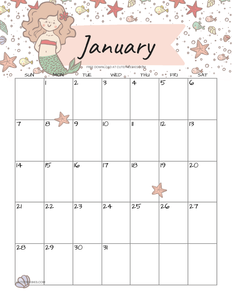 January 2024 monthly calendar with cute mermaid #cutefreebiesforyou #mermaid #freeprintable SEE PREVIOUS POST TO DOWNLOAD THE COMPLETE 2024 CALENDAR