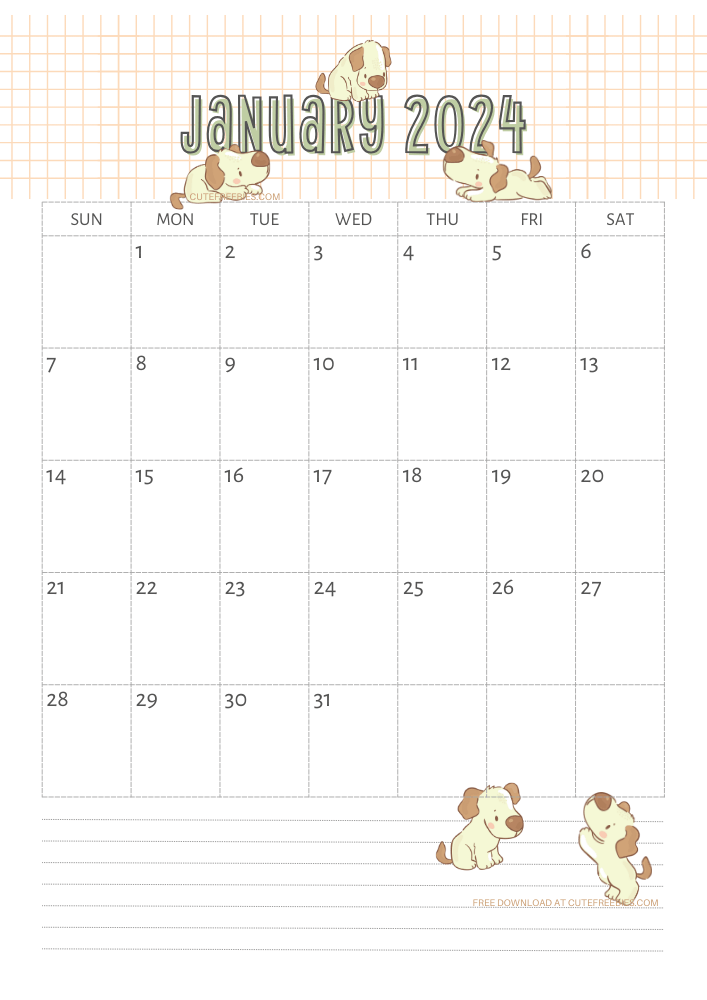 January 2024 calendar for kids cute dogs free printable #cutefreebiesforyou SEE PREVIOUS POST TO DOWNLOAD THE COMPLETE 2024 CALENDAR