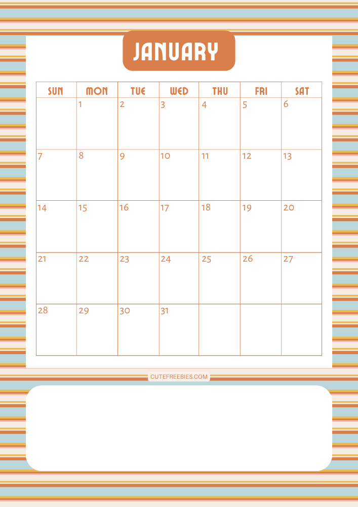 January 2024 Retro design calendar free printable cutefreebiesforyou - SEE PREVIOUS POST TO DOWNLOAD THE COMPLETE 2024 CALENDAR