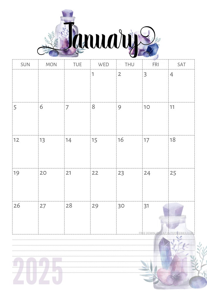 January 2025 calendar - free printable monthly calendar with purple crystals (SEE PREVIOUS POST TO DOWNLOAD THE COMPLETE 2025 CALENDAR)