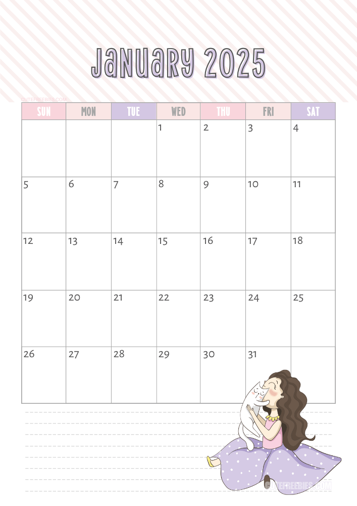 January 2025 cute cat calendar free printable #cutefreebiesforyou - SEE PREVIOUS POST TO DOWNLOAD THE COMPLETE 2025 CALENDAR