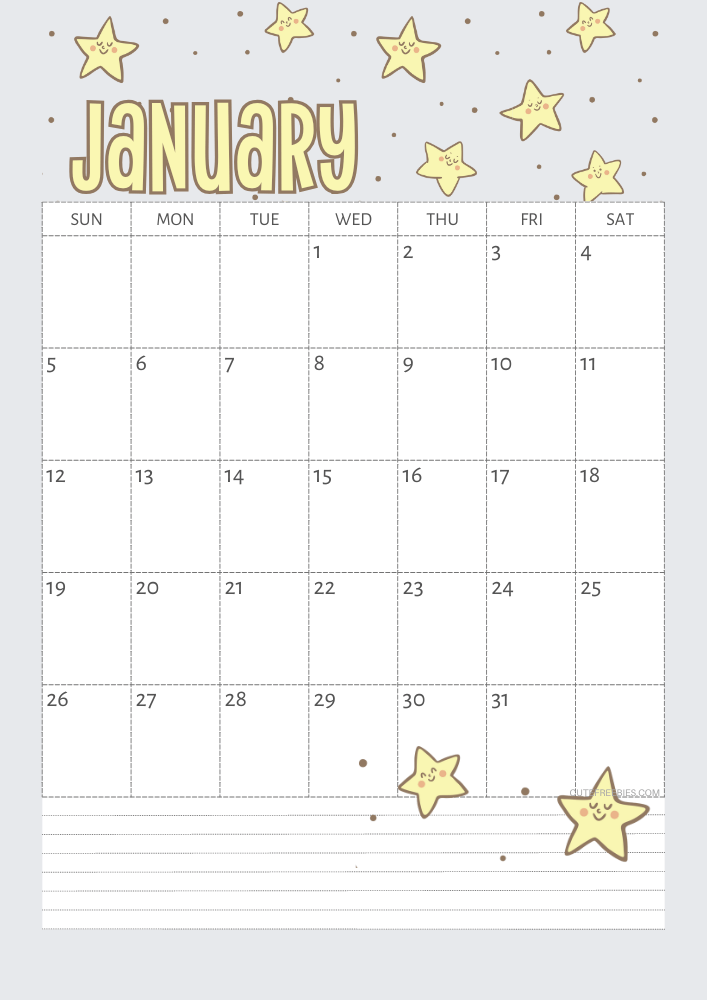 January 2025 Yellow stars calendar free printable - SEE PREVIOUS POST TO DOWNLOAD THE COMPLETE 2025 CALENDAR