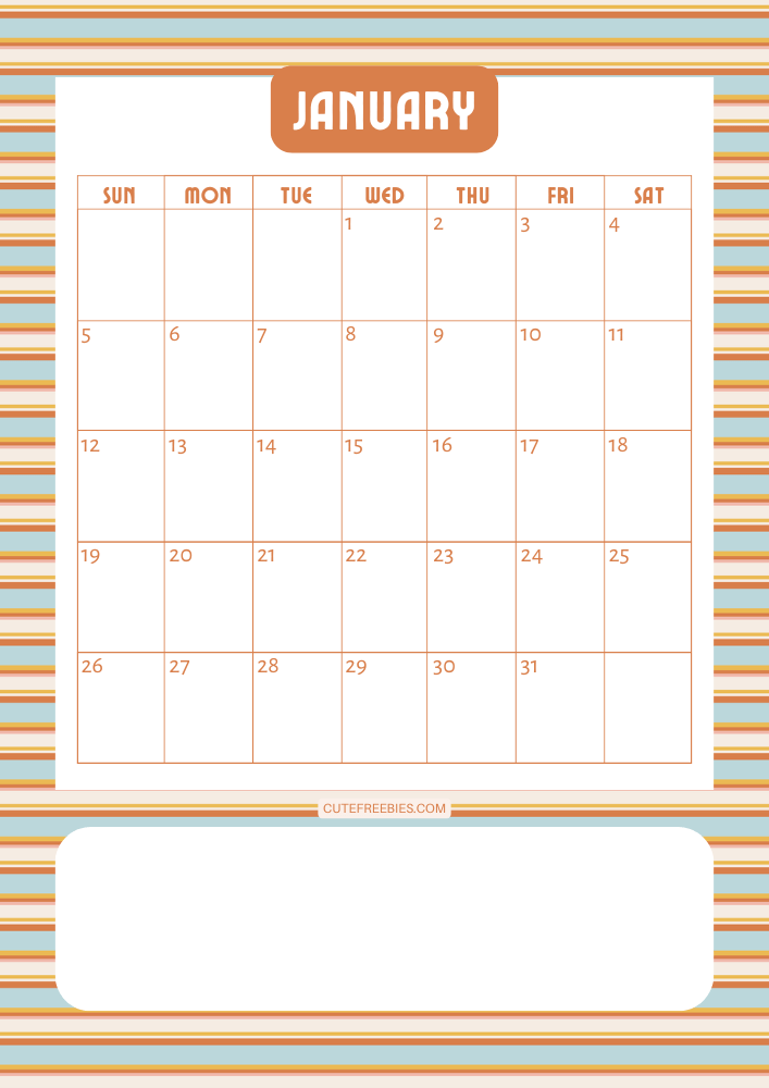 January 2025 colorful retro calendar free printable cutefreebiesforyou - SEE PREVIOUS POST TO DOWNLOAD THE COMPLETE 2025 CALENDAR