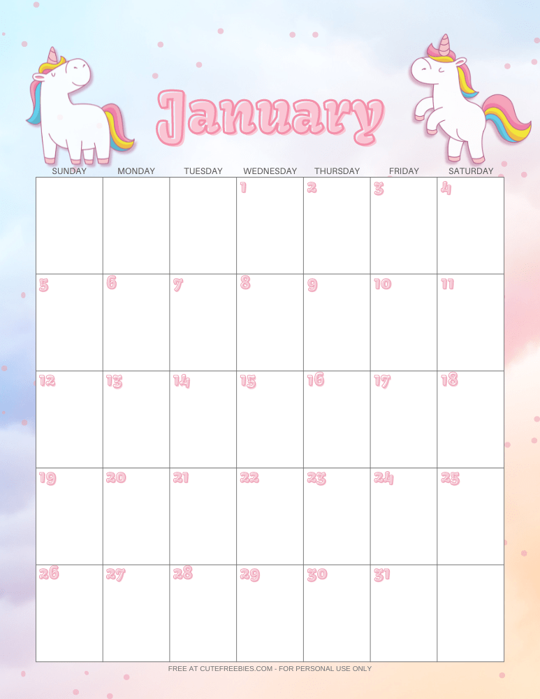 January 2025 calendar with unicorns #unicorn #freeprintable #cutefreebiesforyou #2025