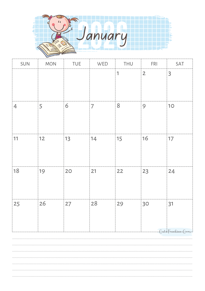 January 2026 cute calendar for kids - free printable monthly planner #cutefreebiesforyou - SEE PREVIOUS POST TO DOWNLOAD THE COMPLETE 2026 CALENDAR