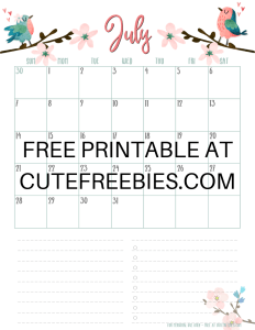 July 2019 Calendar Planner -Free Printable #cutefreebiesforyou #freeprintable
