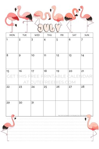 July 2019 calendar with flamingo free printable #flamingo #pink #pinkflamingo #cutefreebiesforyou