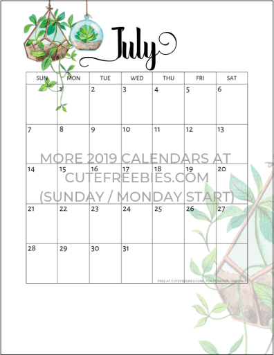 July 2019 calendar free printable with plants design