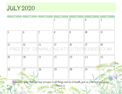 July 2020 calendar free printable pdf download. #cutefreebiesforyou #bibleversefortheday #bibleverse #freeprintable