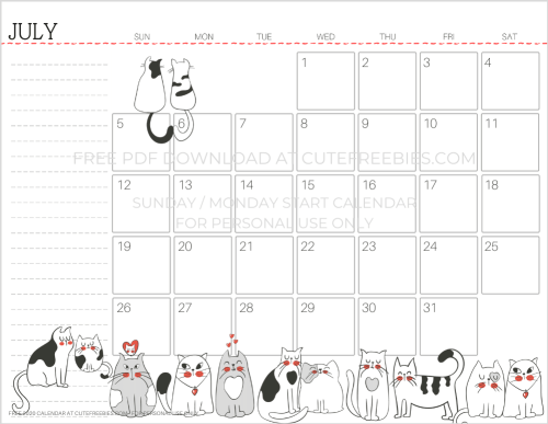 July 2020 cat calendar printable