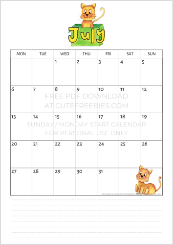 July 2020 cat calendar printable