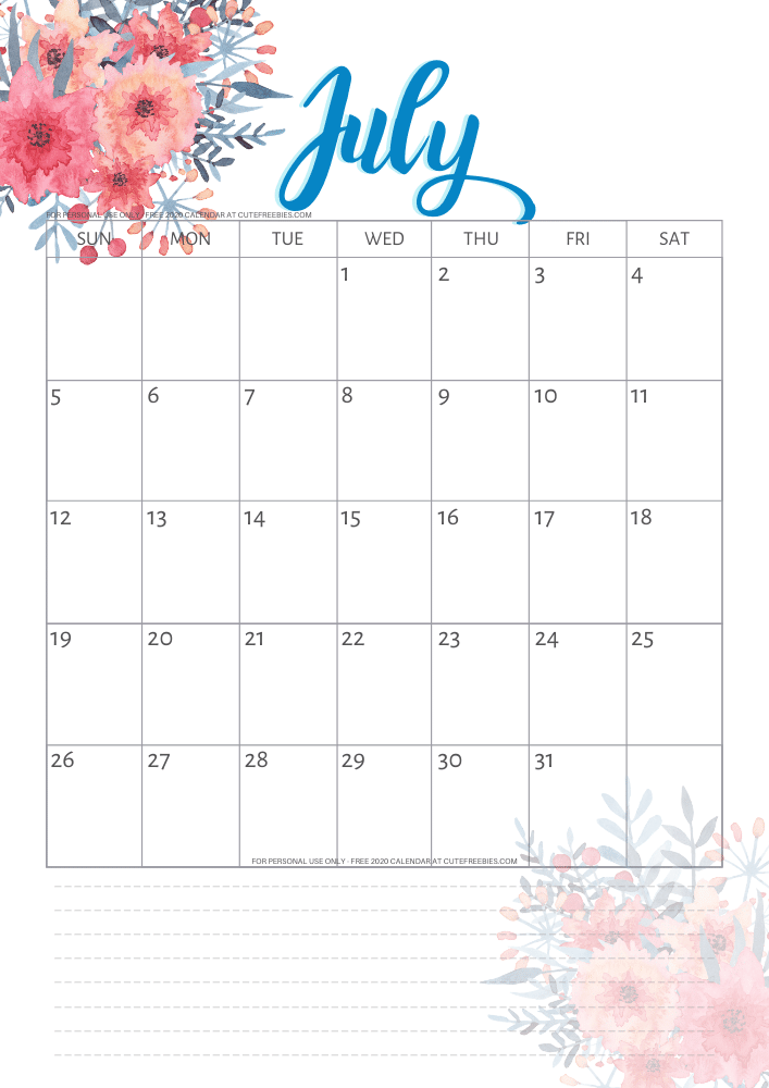 July 2020 calendar free printable - red floral theme #cutefreebiesforyou