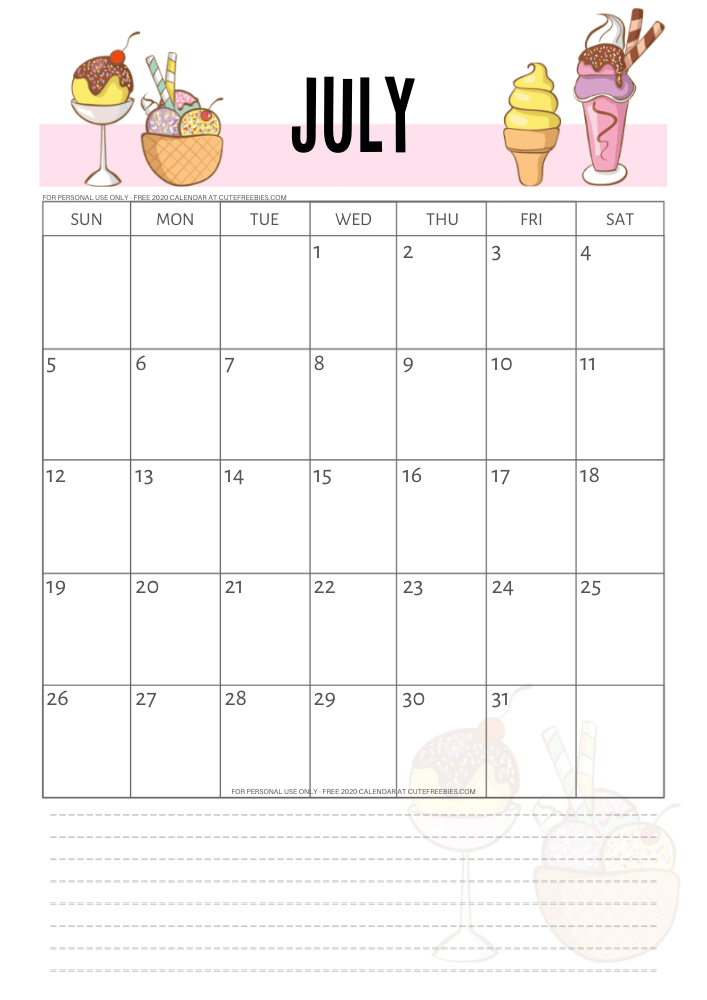 July 2020 calendar free printable - summer ice cream theme #cutefreebiesforyou