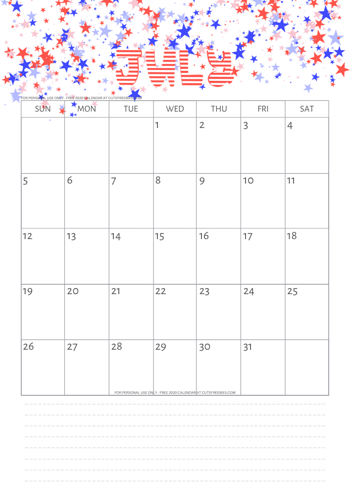 July 2020 calendar free printable - independence theme #cutefreebiesforyou