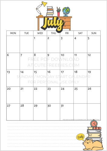 July 2020 school calendar printable