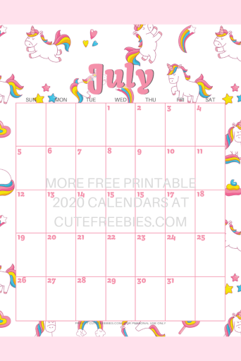 July 2020 calendar with unicorns #unicorn #freeprintable #cutefreebiesforyou