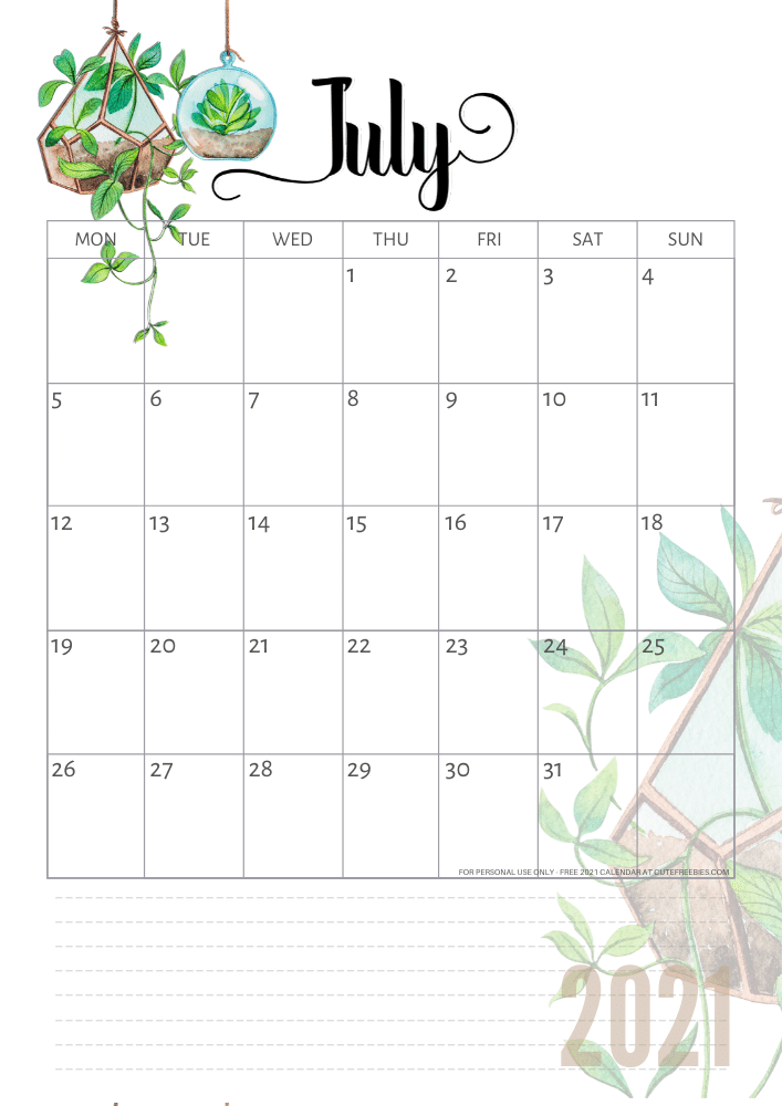 Free printable July 2021 calendar with plants - CLICK PREVIOUS POST to download the PDF