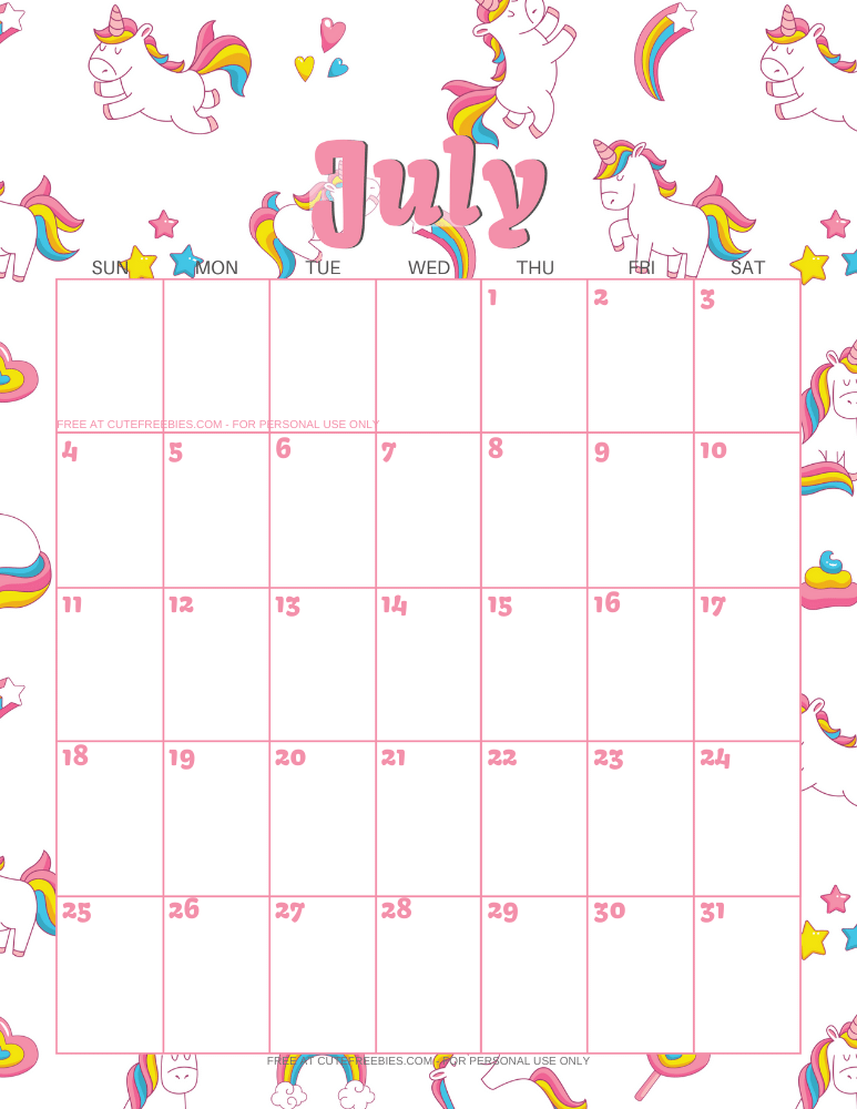 July 2021 calendar with unicorns #unicorn #freeprintable #cutefreebiesforyou