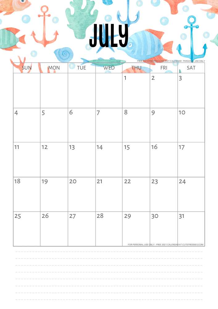 July 2021 Monthly calendar - sea themed #cutefreebiesforyou #freeprintable