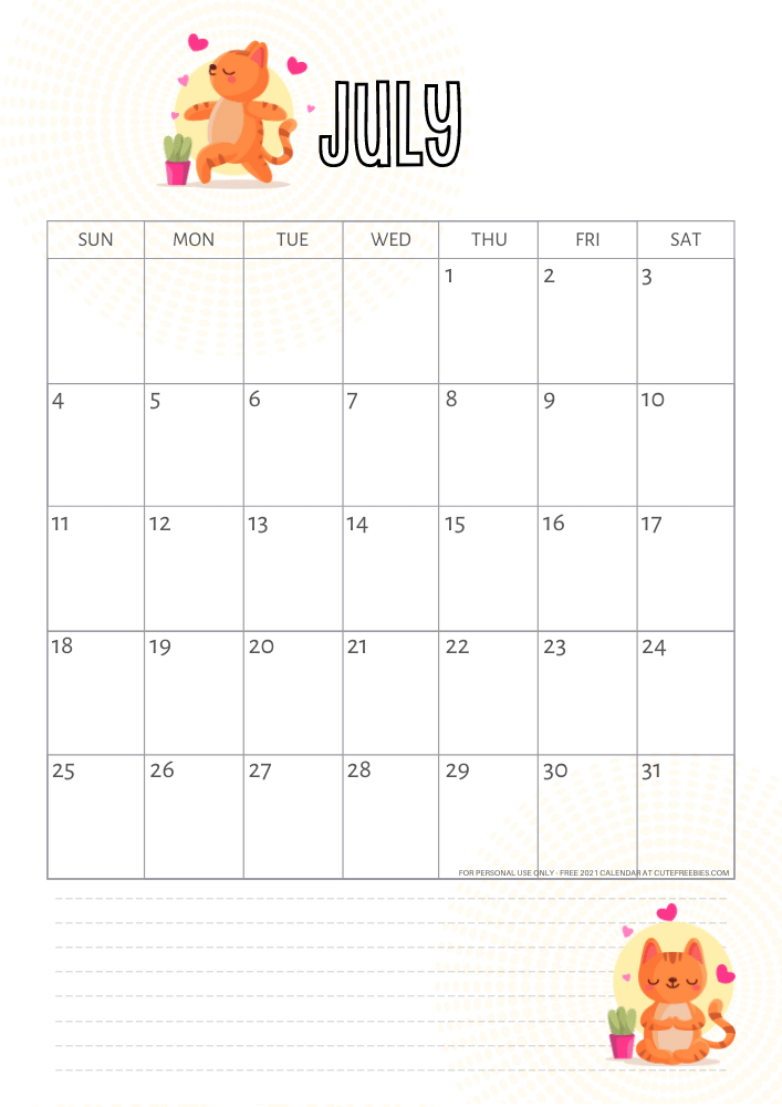 July 2021 calendar yoga cat free printable #cutefreebiesforyou - SEE PREVIOUS POST TO DOWNLOAD THE FREE PDF FILE