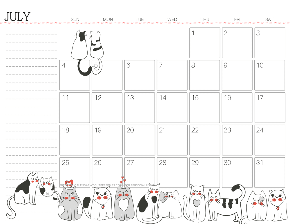July 2021 monthly planner cat free printable #cutefreebiesforyou - SEE PREVIOUS POST TO DOWNLOAD THE FREE PDF FILE