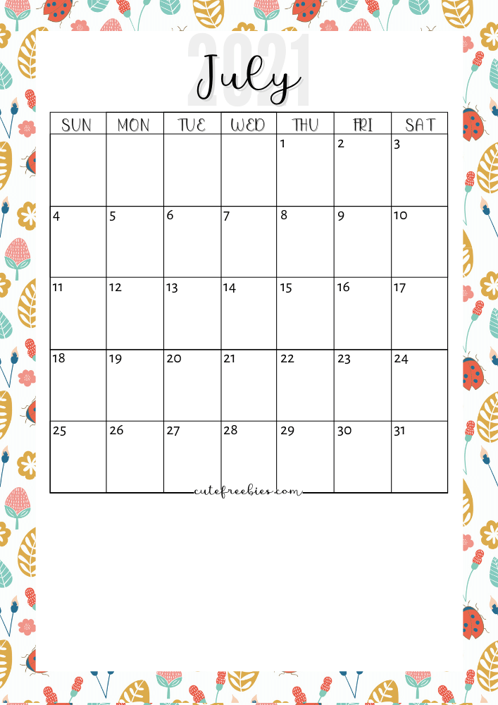 July 2021 Floral Calendar #cutefreebiesforyou #freeprintable #budgetplanner SEE PREVIOUS POST TO GET THE COMPLETE 2021 CALENDAR